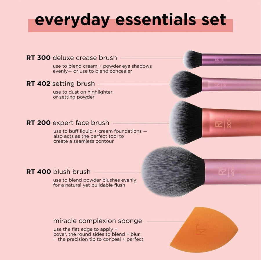 REAL TECHNIQUES, 5 Count (Pack of 1) Everyday Essentials Makeup Brush Complete Face Set (Miracle Complexion Sponge, Expert Face, Blush, Setting and Deluxe Crease Brushes)