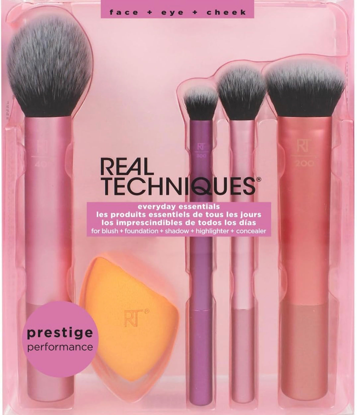 REAL TECHNIQUES, 5 Count (Pack of 1) Everyday Essentials Makeup Brush Complete Face Set (Miracle Complexion Sponge, Expert Face, Blush, Setting and Deluxe Crease Brushes)